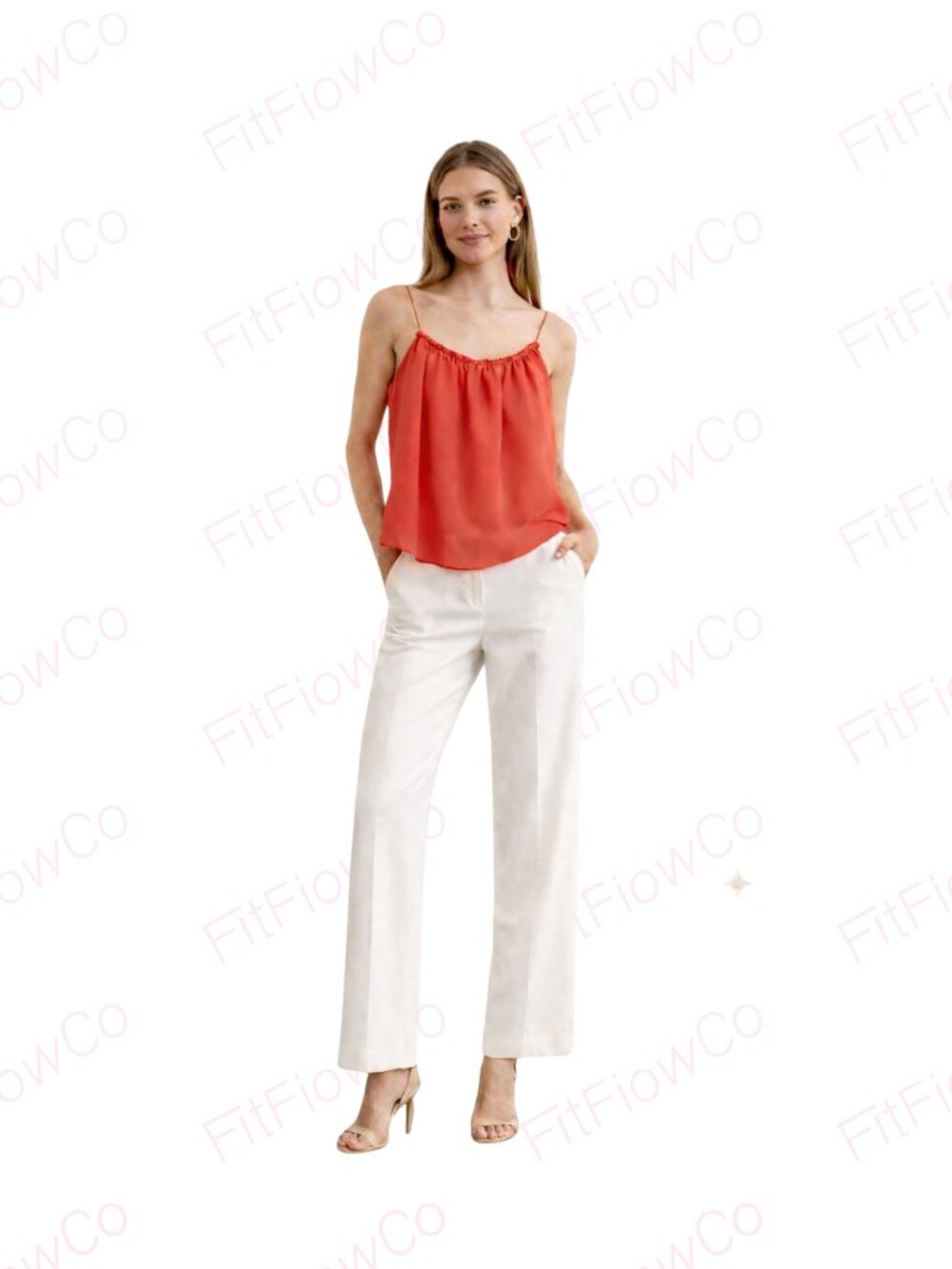Zoe & Sam 100% Silk Coral Red Cami Top Flowy Gathered Neck Spaghetti Strap XS